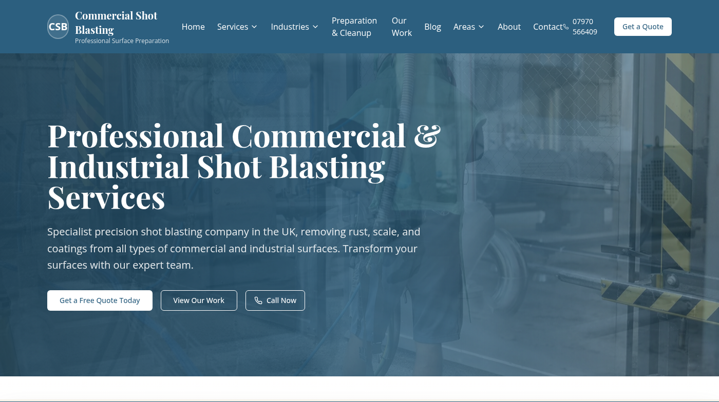 Commercial Shot Blasting website homepage created by Optimised Marketing