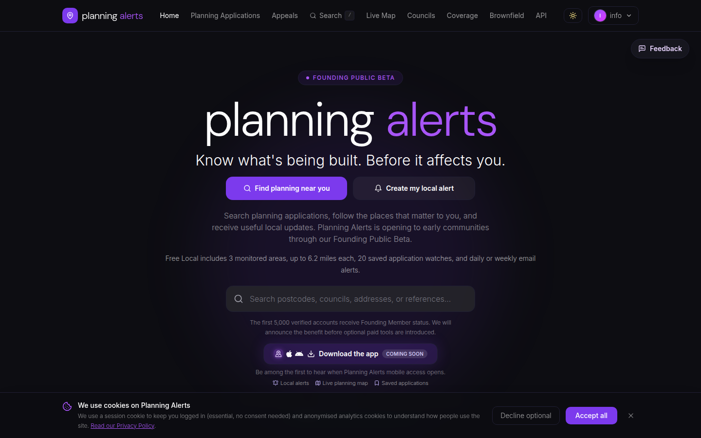 Planning Alerts homepage showing Founding Public Beta messaging, local planning search and feature cards.